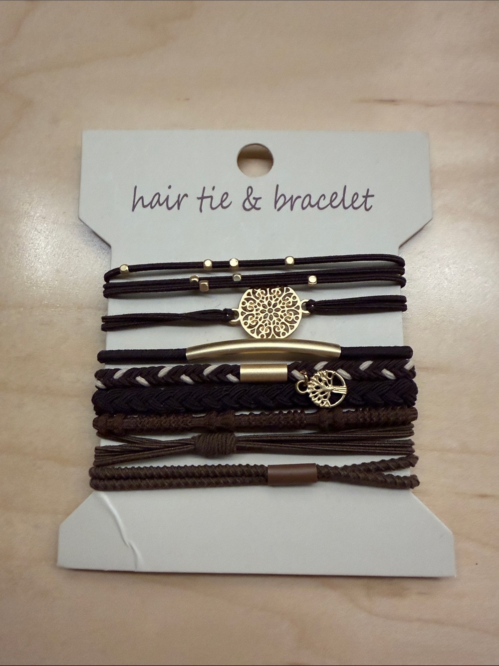 Gold Accent Brown & Black Hair Tie Bracelet Set